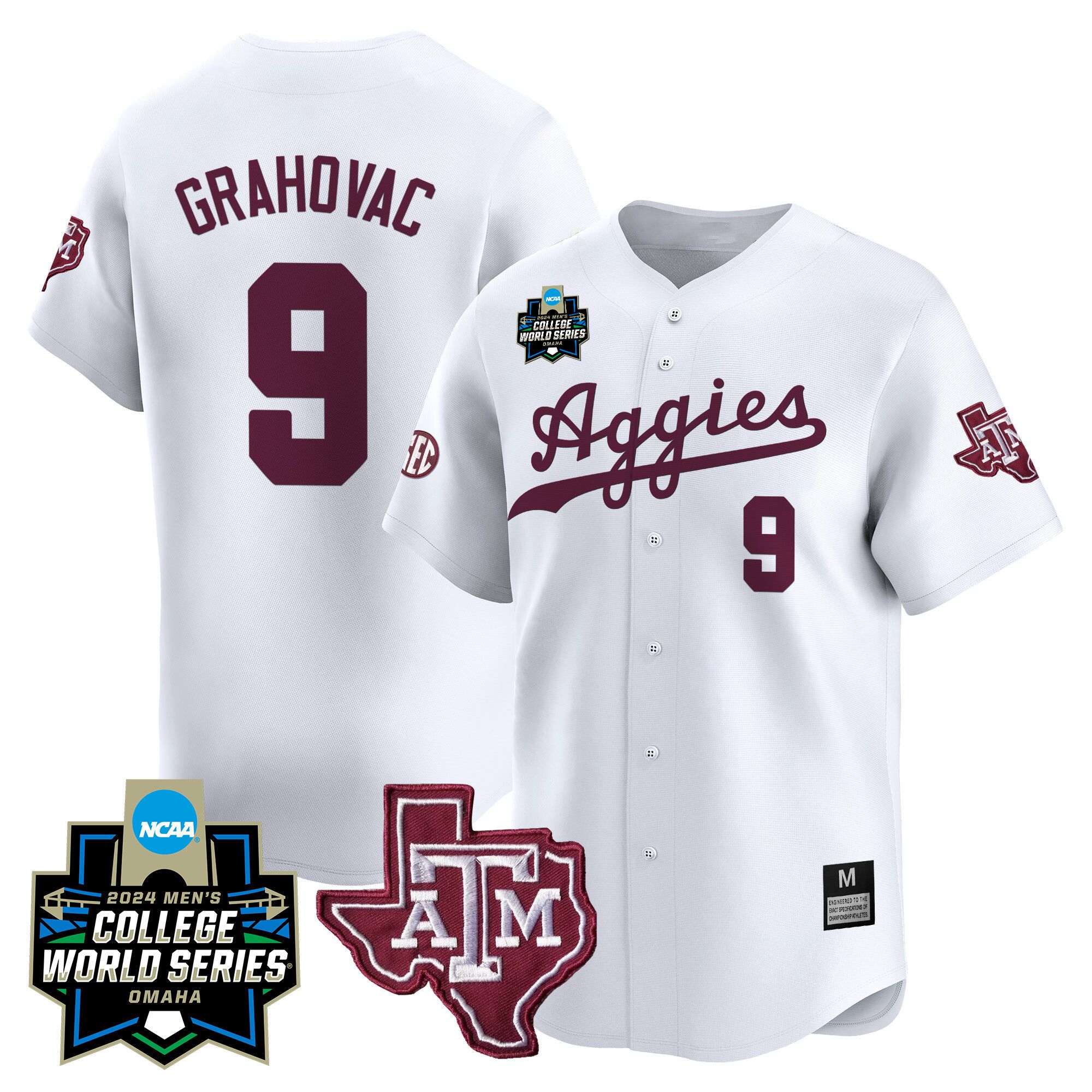 Men Texas A&M Aggies #9 Grahovac White 2024 College World Series Vapor Premier Limited NCAA Jersey->customized nfl jersey->Custom Jersey
